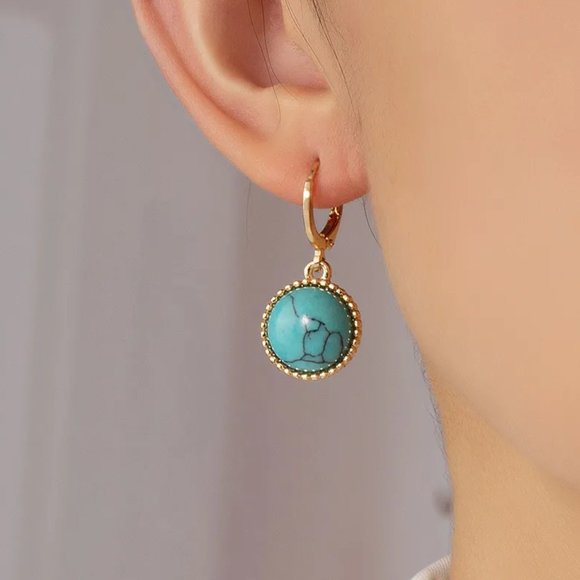 Western Southwestern Gold & Turquoise Round Boho Huggie Earrings NEW - Picture 2 of 6